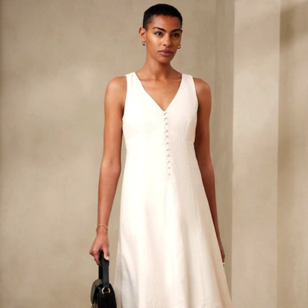 Banana Republic NWT Linen-Blend Button Front Dress Size 8 New Off White